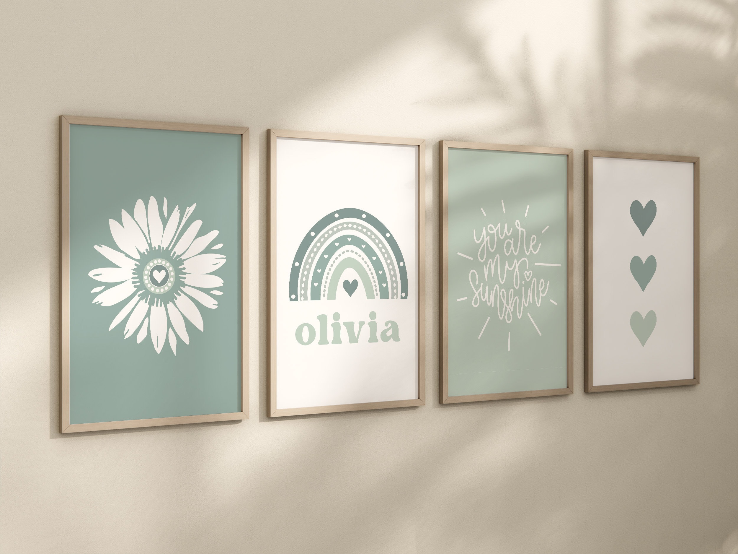Sage Daisy Nursery Set of 4 PRINTABLE, Green Personalized Kids Room ...