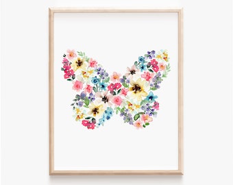 Wildflower Butterfly Art Print, Colorful Watercolor Butterfly Painting, Floral Butterfly Girl Nursery Decor, Kids Room Teen Girl Wall Art