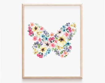 Wildflower Butterfly Art Print, Colorful Watercolor Butterfly Painting, Floral Butterfly Girl Nursery Decor, Kids Room Teen Girl Wall Art