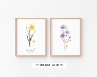 Custom Birth Month Flower Print, Personalized Watercolor Floral Wall Art, Colorful Botanical Baby Shower Gift, Iris Lily of the Valley Aster
