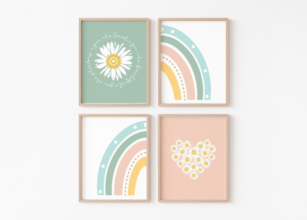 Boho Daisy Nursery Set PRINTABLE, Rainbow Kids Room, Girl Retro Floral ...