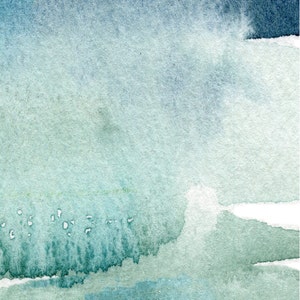 May include: Abstract watercolour painting with shades of blue, green, and white. The colours blend together to create a soft, ethereal effect.