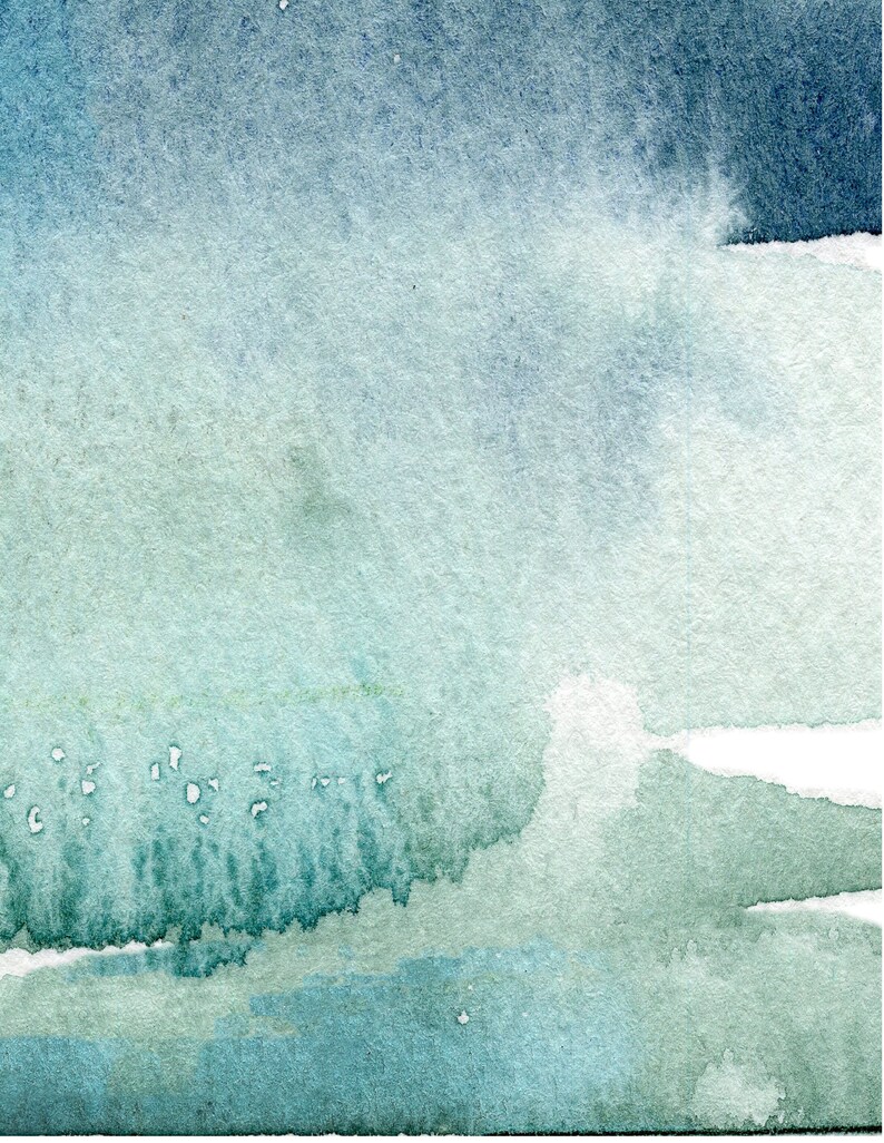 May include: Abstract watercolour painting with shades of blue, green, and white. The colours blend together to create a soft, ethereal effect.
