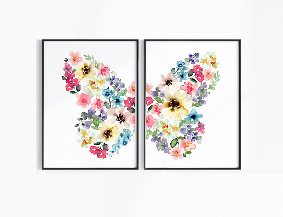 Butterfly Nursery Print Set of 2, Colorful Floral Girls Room Decor ...