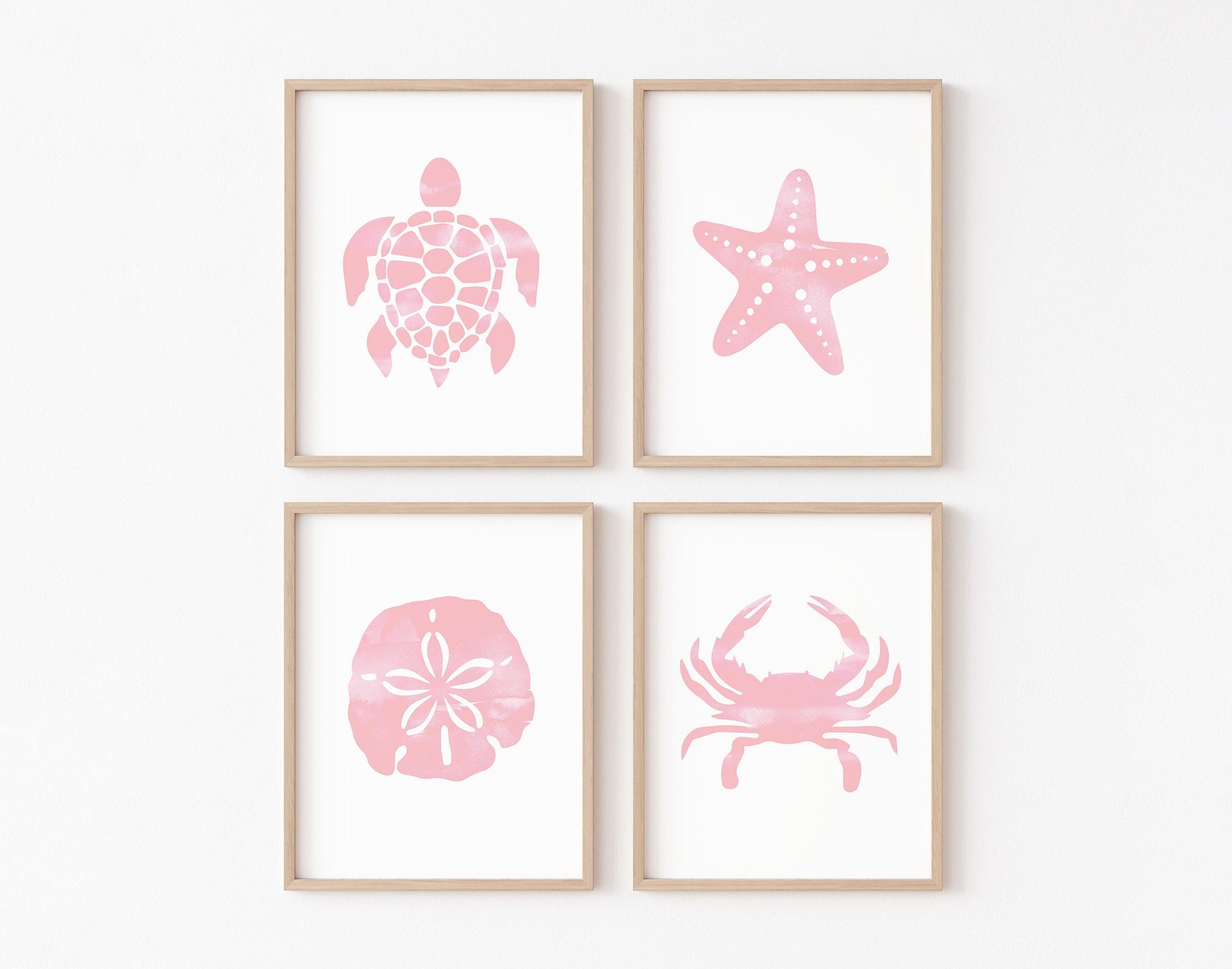 Pink Coastal Nursery PRINTABLE, Blush Watercolor Sea Turtle Wall Art, Crab Starfish Sand Dollar Girls Decor, Digital Minimalist Beach Set