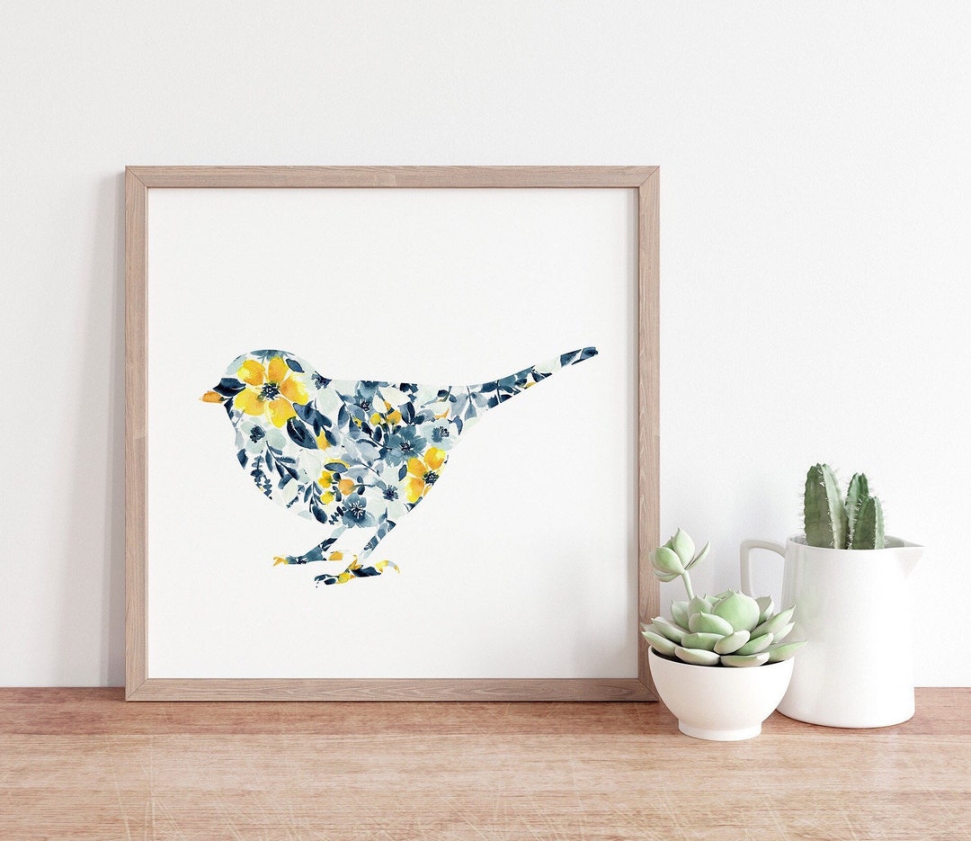 Blue Birds Art Print Set, Flower Chickadee Wall Art, Watercolor Floral ...