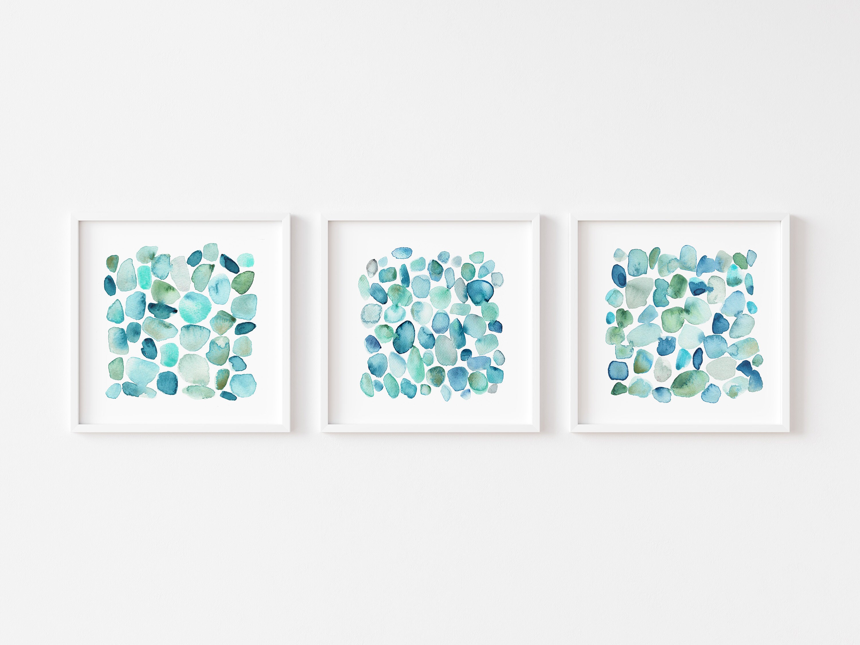 Blue Coastal Wall Art, Sea Glass Abstract Art Print Set, Set of 3 Beach ...