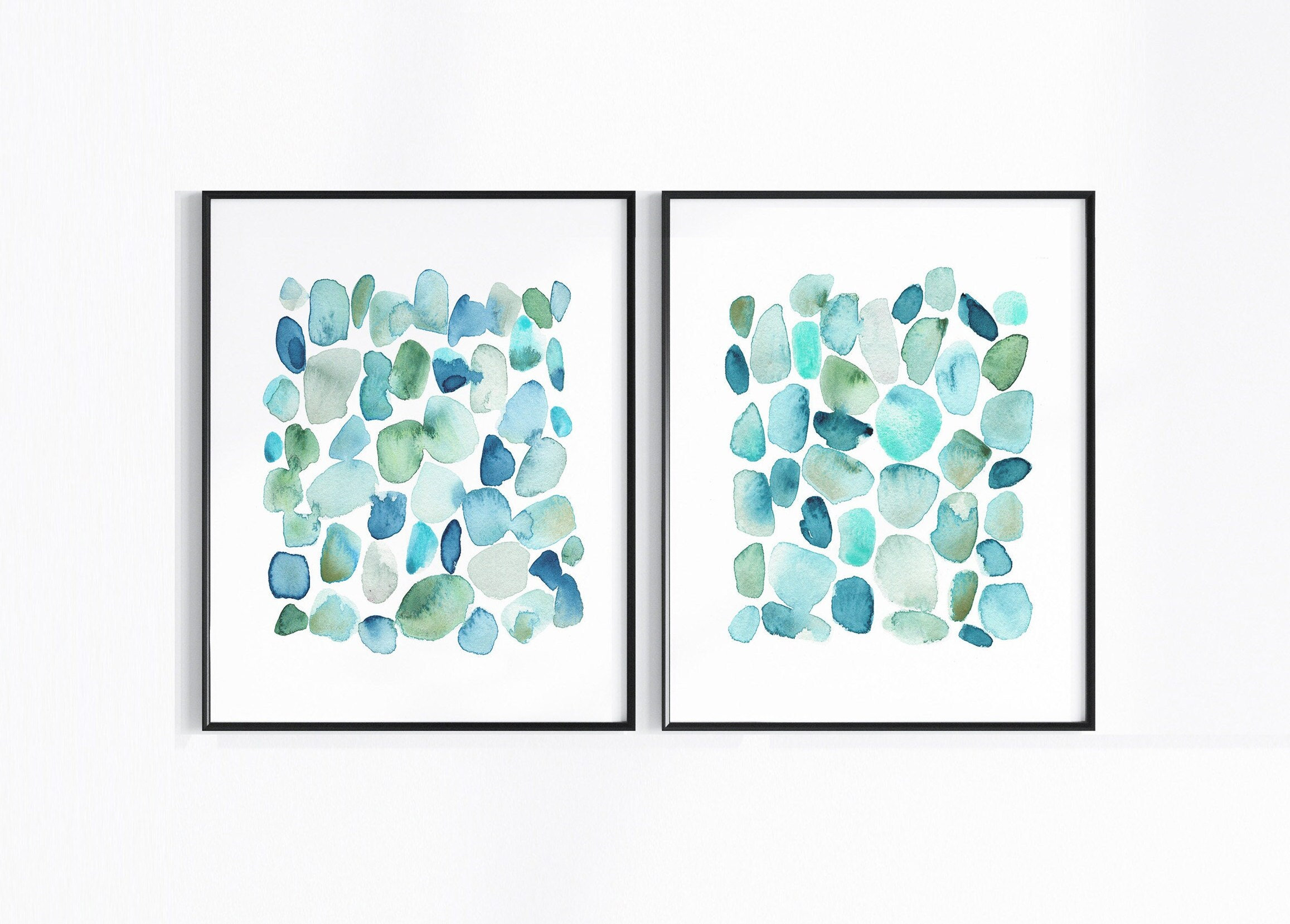 Blue Coastal Wall Art, Sea Glass Abstract Art Print Set, Indigo Green Beach House Decor, Turquoise Ocean Abstract Watercolor Stones Painting