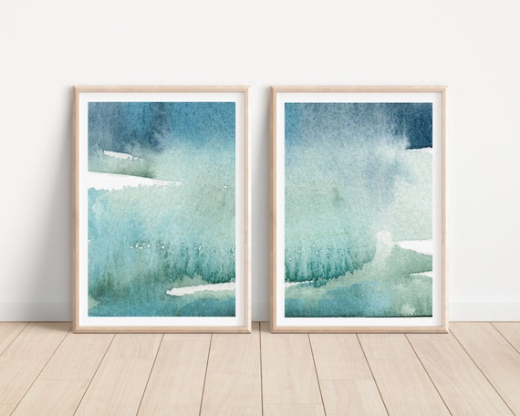 Watercolor Ocean Abstract Art Print Set of 2, Modern Turquoise Blue Seascape Wall Decor, Coastal Waves Wall Art, Aqua Surf Beach House Decor