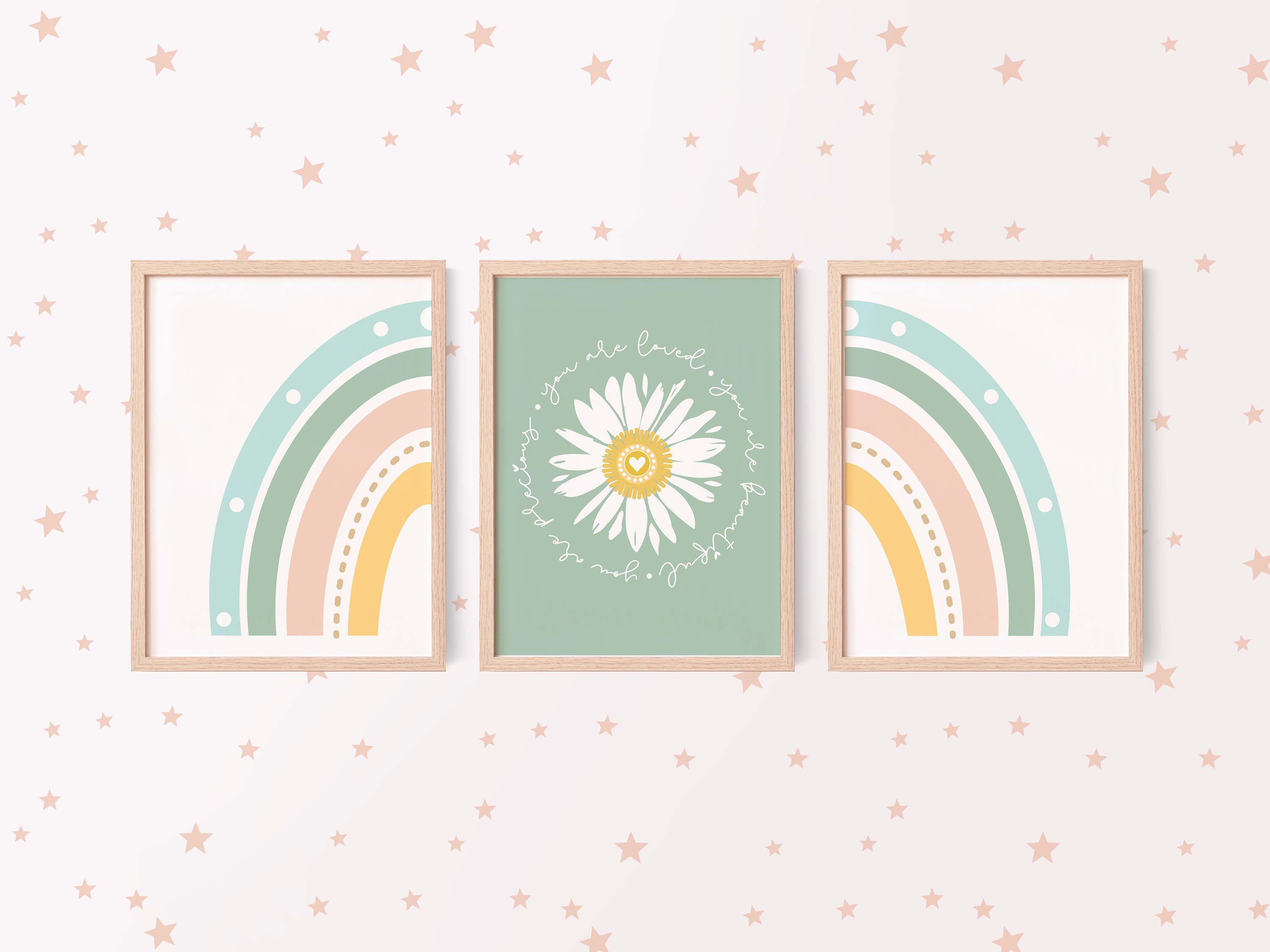Boho Daisy Nursery Set PRINTABLE, Rainbow Kids Room, Girl Retro Floral ...