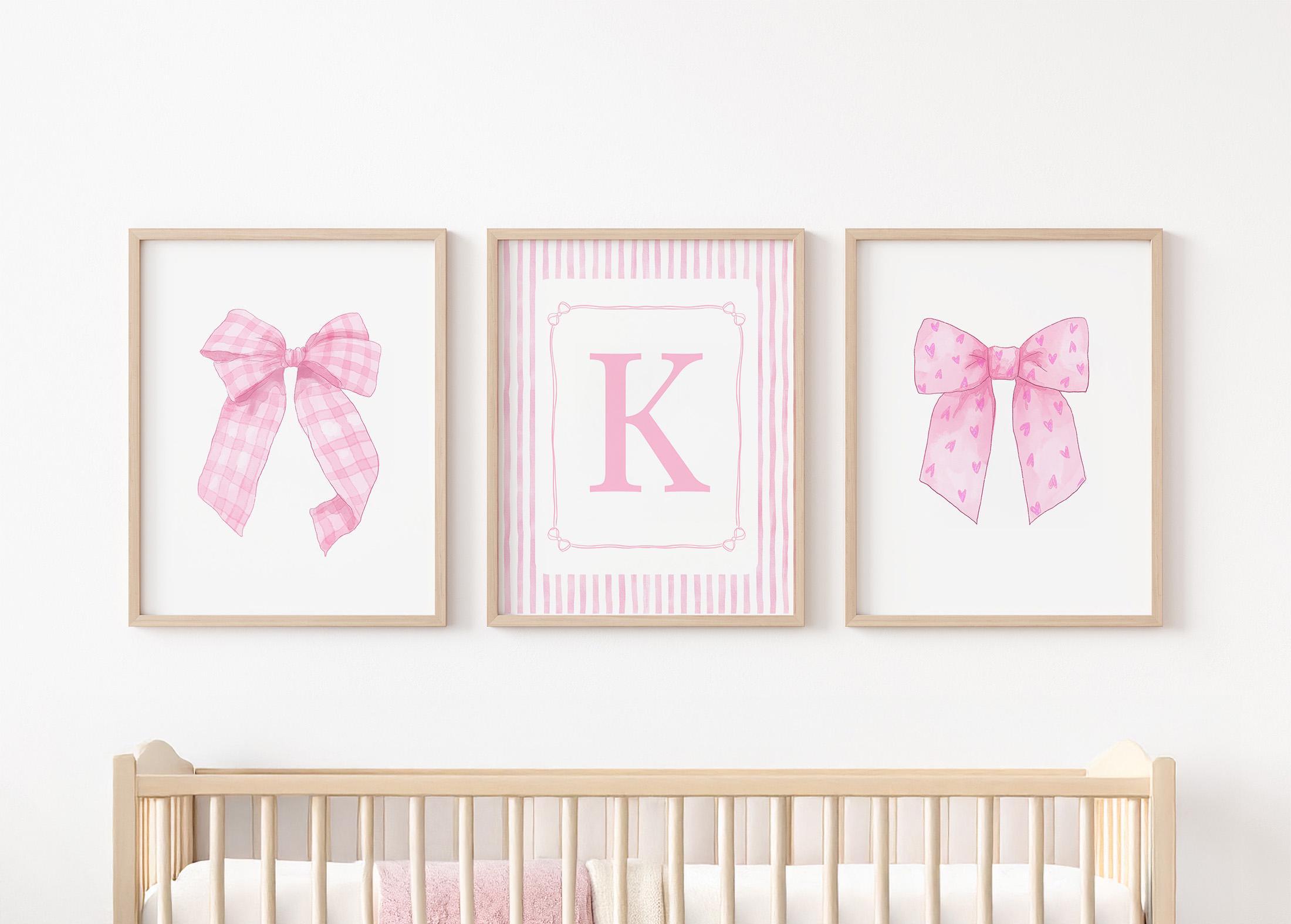 Pink Bow Nursery Wall Art, Personalized Initial Decor, Pink Hearts Coquette Ribbon Print Set of 3, Name Letter Gingham Girls Room PRINTABLE