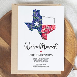 We&#39;ve Moved to Texas Postcard, Personalized Moving Announcement Card, Watercolor Bluebonnet Lonestar State Change of Address 5x7 Note Pack