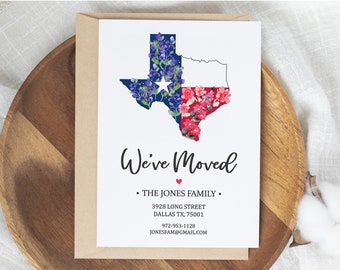 We've Moved to Texas Postcard, Personalized Moving Announcement Card, Watercolor Bluebonnet Lonestar State Change of Address 5x7 Note Pack