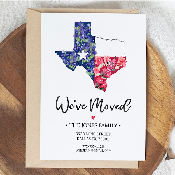 We've Moved to Texas Postcard, Personalized Moving Announcement Card, Watercolor Bluebonnet Lonestar State Change of Address 5x7 Note Pack