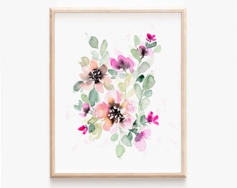 Peach Floral Art Print, Modern Loose Watercolor Summer Botanical Wall Art, Abstract Floral Painting, Pink and Sage Flower Nursery Decor