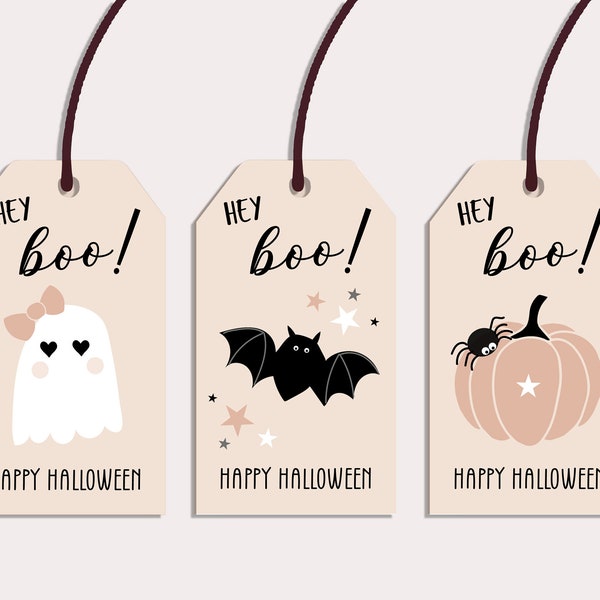 Boho Halloween Gift Tag PRINTABLE, Digital Hey Boo Party Favors, Trick or Treat Favor Tag, Cute Halloween Tags for Kids, Pink Baby Ghost Bat