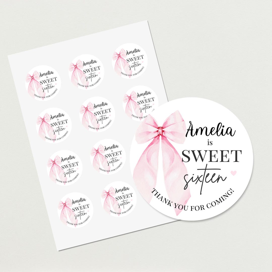 Personalized Coquette Sweet Sixteen Tags, Pink Bow Birthday Stickers ...