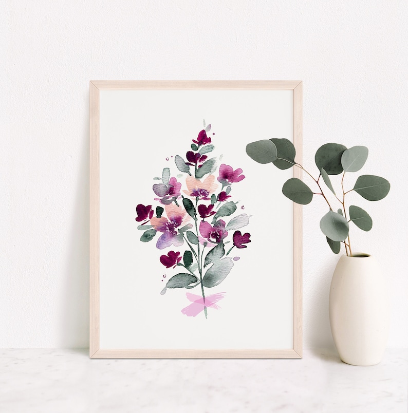 May include: A watercolour painting of a bouquet of pink and purple flowers with green leaves. The flowers are painted in a loose, abstract style.