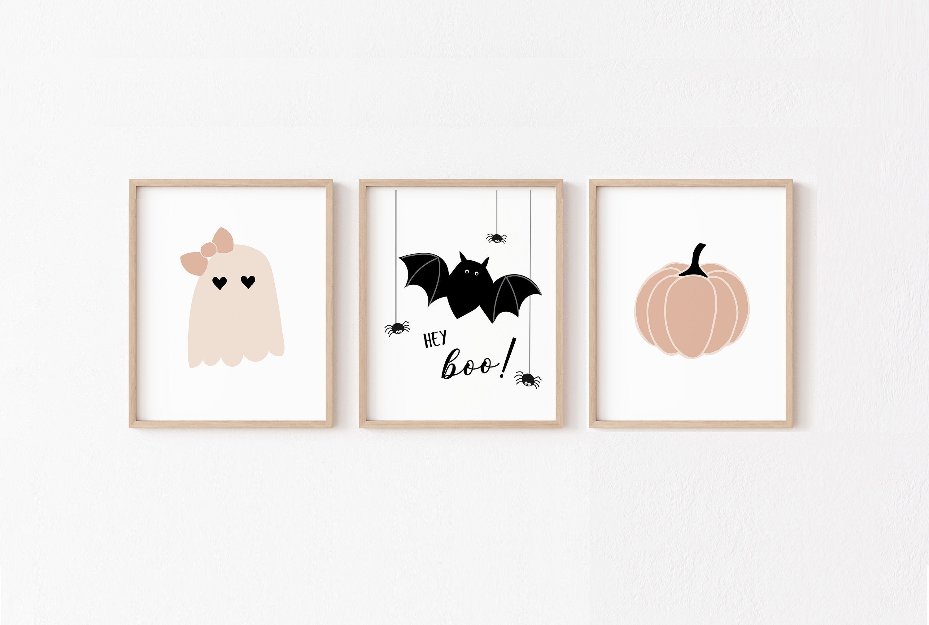 Boho Halloween Nursery Wall Art PRINTABLE, Cute Girls Room Halloween Print Set, Pink Pumpkin Kids Decor, Digital Hey Boo Baby Ghost and Bat