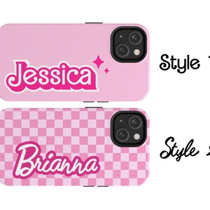 May include: Two pink phone cases with different designs. The first case has a pink background with a white and pink retro-style name "Jessica" and a white star. The second case has a pink and white checkered background with a white and pink retro-style name "Brianna".