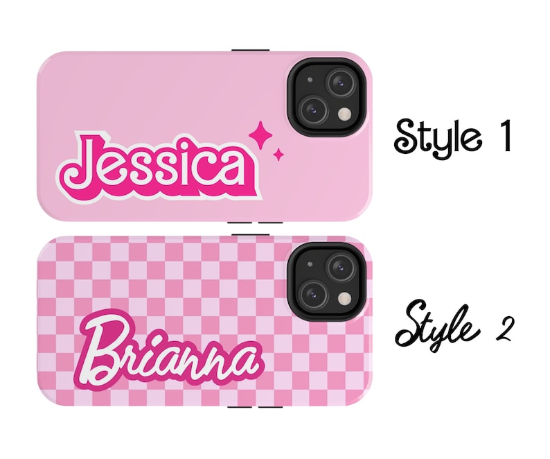 May include: Two pink phone cases with different designs. The first case has a pink background with a white and pink retro-style name "Jessica" and a white star. The second case has a pink and white checkered background with a white and pink retro-style name "Brianna".