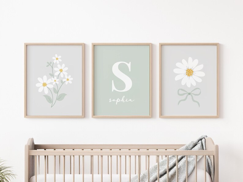 Sage Daisy Nursery Wall Art, Personalized Name Initial Decor, Boho ...