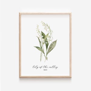 May include: A framed watercolor print featuring a botanical illustration of lily of the valley flowers. The artwork showcases white bell-shaped blossoms and green leaves against a white background. The text "lily of the valley" and "may" are written in a script font.