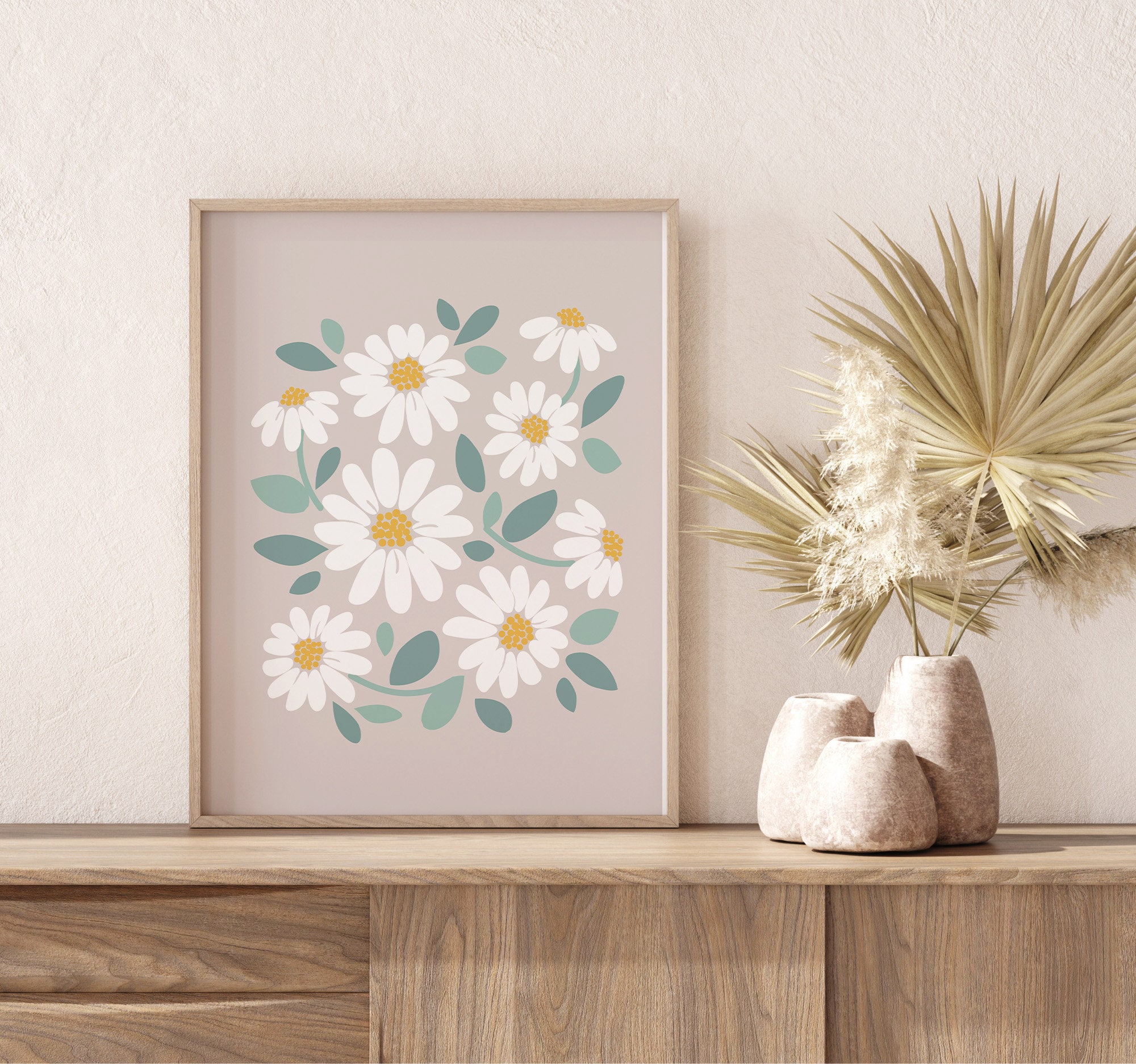 Boho Daisy Wall Art PRINTABLE, Neutral Daisy Garden Poster, Beige Retro ...