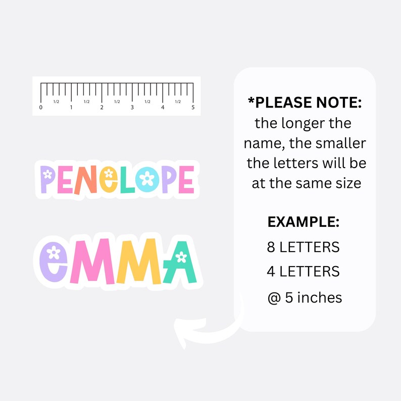 May include: Two colorful name stickers, "PENELOPE" and "EMMA", with flower accents. A ruler shows 5 inches. Text on the right states: "the longer the name, the smaller the letters will be at the same size".