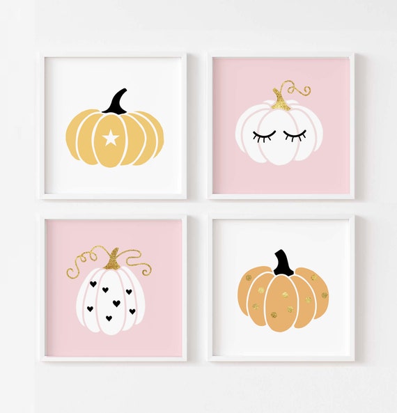 Pink Pumpkin Wall Art PRINTABLE, Cute Pumpkin Nursery Digital Print Set, Boho Fall Decor for Kids, Gold Black Pumpkin Girls Baby Shower