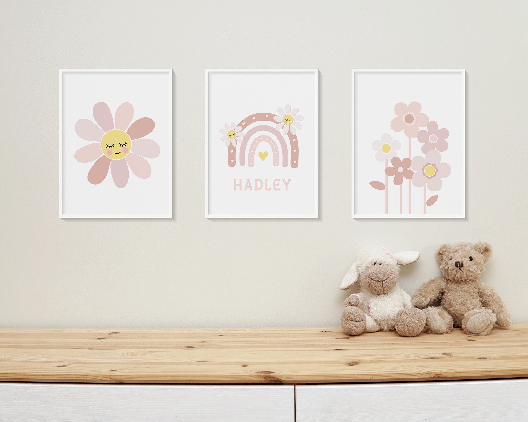 Neutral Daisy Nursery Wall Art, Personalized Boho Pink Decor, Floral ...