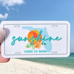 Florida Tag Sticker, Vibrant Sunshine State Vinyl Decal, Watercolor Floral Florida State Gift, FL License Plate Water Bottle Laptop Sticker