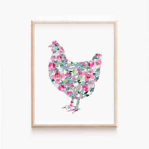 Pink Chicken Art Print, Modern Farmhouse Kitchen Wall Art, Watercolor Floral Hen Silhouette Print, Southern Living Decor, Chicken Lover Gift