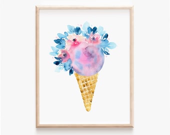 Ice Cream Cone Art Print, Pastel Watercolor Ice Cream Dessert Wall Art, Floral Nursery Gelato Print, Summer Pastel Sweets Girls Room Decor