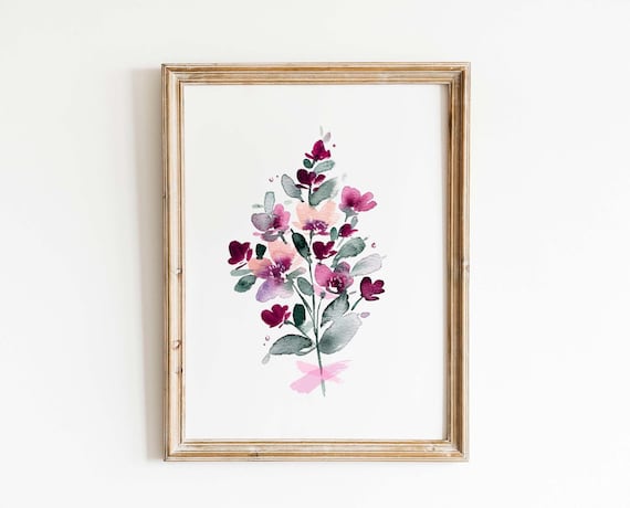 Vintage Maroon Pink Watercolor Floral Art Print, Simple Folk Art Design Scandinavian Decor, Dark Red Burgundy Sage Green Botanical Wall Art