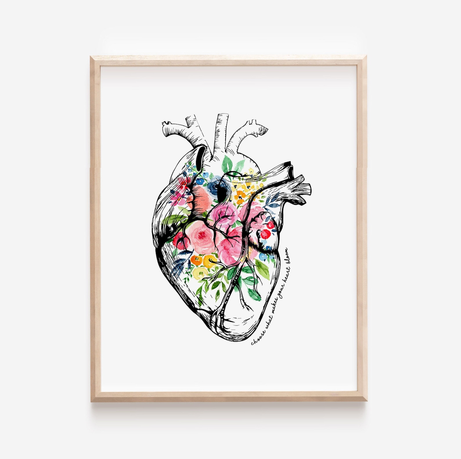 Anatomical Heart With Flowers Art Print, Colorful Floral Heart Wall Art ...
