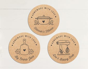 Homemade with Love Kraft Stickers Personalized, Custom Small Business Bakery Stickers, Minimalist Food Labels, From Kitchen, Cooking Mixer