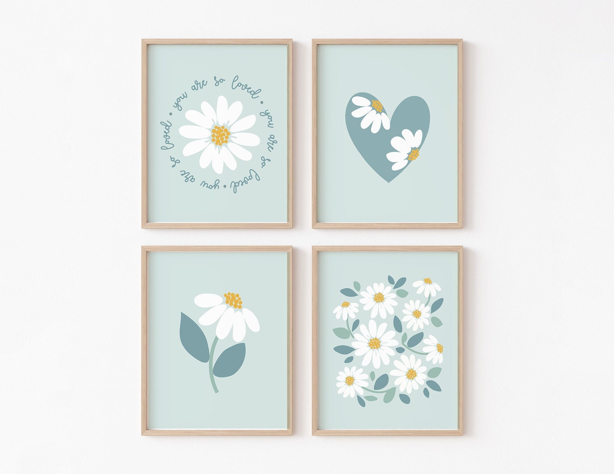Mint Daisy Nursery Set of 4 PRINTABLE, Boho Floral Heart Girl's Room ...