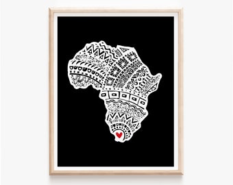 Africa Map Art PRINTABLE, Ethnic Black and White African Continent Wall Art, Modern Minimalist Home Office Decor, Tribal Digital Travel Art