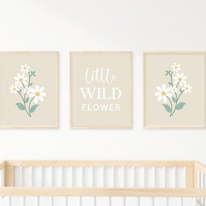 Neutral Daisy Nursery Wall Art, Beige Little Wildflower Print Set of 3 ...
