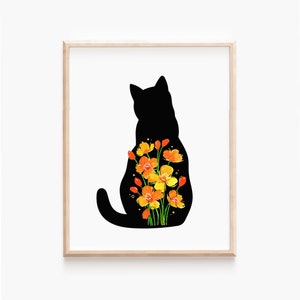Floral Cat Art Print, Vibrant Watercolor Pet Wall Art, Golden Poppies Nursery Decor, Orange Kitten Silhouette, Black Cat Lover Gift, Cat Mom