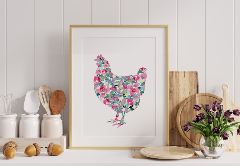 Pink Chicken Art Print, Modern Farmhouse Kitchen Wall Art, Watercolor ...