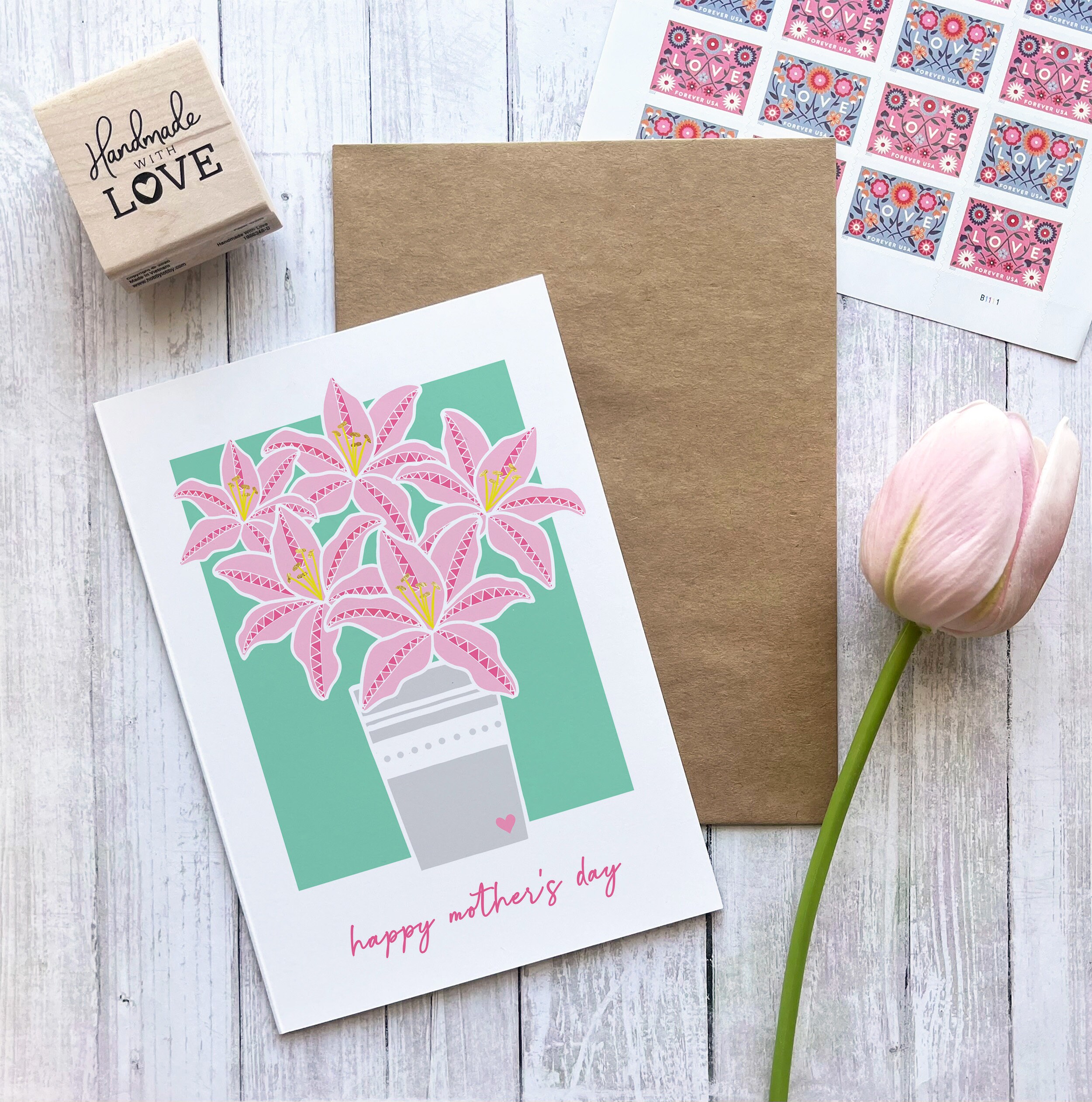 PRINTABLE Pink Lily Mother's Day Card Stargazer Lilies Etsy
