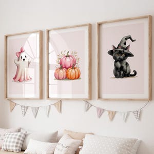 Pink Halloween Nursery Wall Art PRINTABLE, Cute Girl Room Halloween Watercolor Set of 3, Digital Coquette Ghost Black Cat Floral Pumpkins