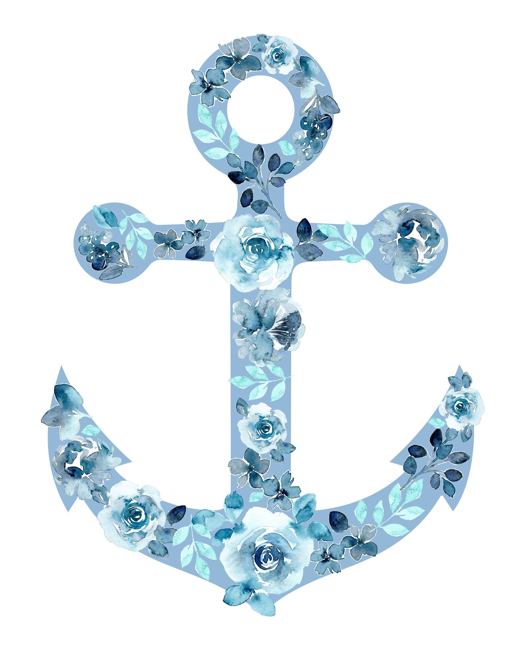 Blue Anchor Art Print Floral Watercolor Nautical Wall Art - Etsy