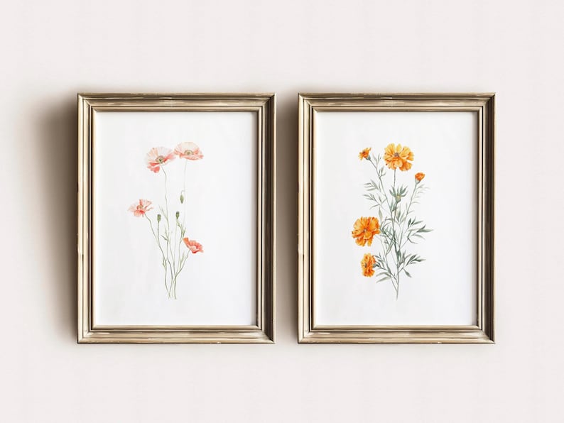 May include: Two framed floral art prints. One features watercolor poppies in shades of pink and red. The other showcases orange marigold flowers. Both are set against a white background within gold-colored frames.
