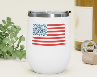 American Flag 4th of July Tumbler, Patriotic Ladies USA Wine Tumbler, Cute Merica Cup for Women, Red White Blue Independence Day Floral Mug