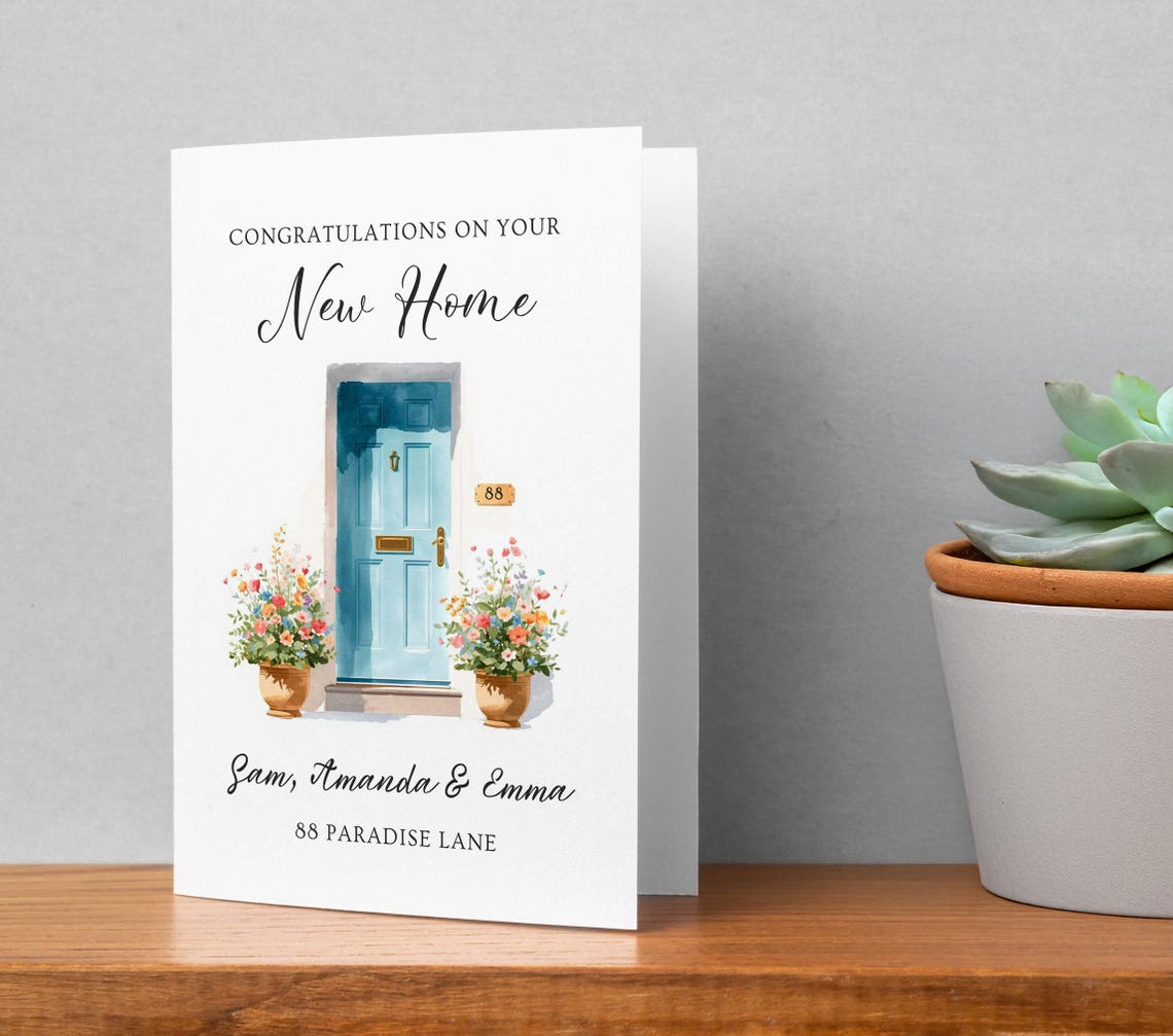 New Home Card Personalized With Name & Address, Watercolor Front Door ...