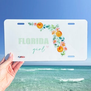 Florida License Plate,  Watercolor Floral State Map Custom Car Tag, FL Oranges Sunshine State Vanity Plate, Florida Girl Beach Souvenir Gift