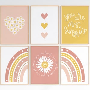 Boho Daisy Wall Art PRINTABLE, Colorful Retro Flower Girl&#39;s Room Decor, Floral Heart Rainbow Prints, Neutral Nursery Scandi Print Set of 6